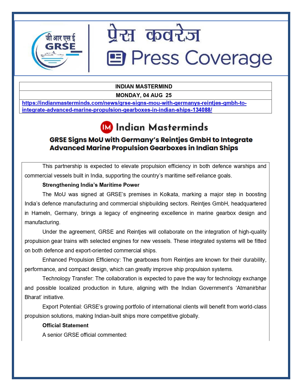 Press Coverage : 4 Aug 25:GRSE Signs MoU with Germany's Reintjes GmbH to Integrate High Quality Propulsion Gear Trains for Indian Navy Ships